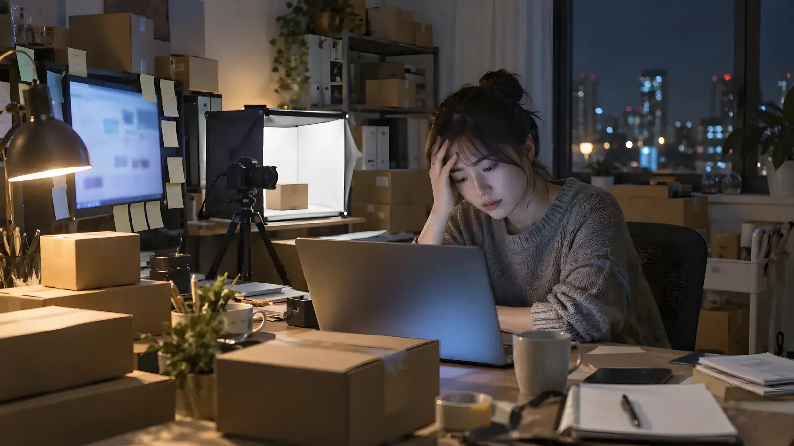 夜の事務所で、撮影待ちの商品に囲まれて頭を抱える EC ショップの店主