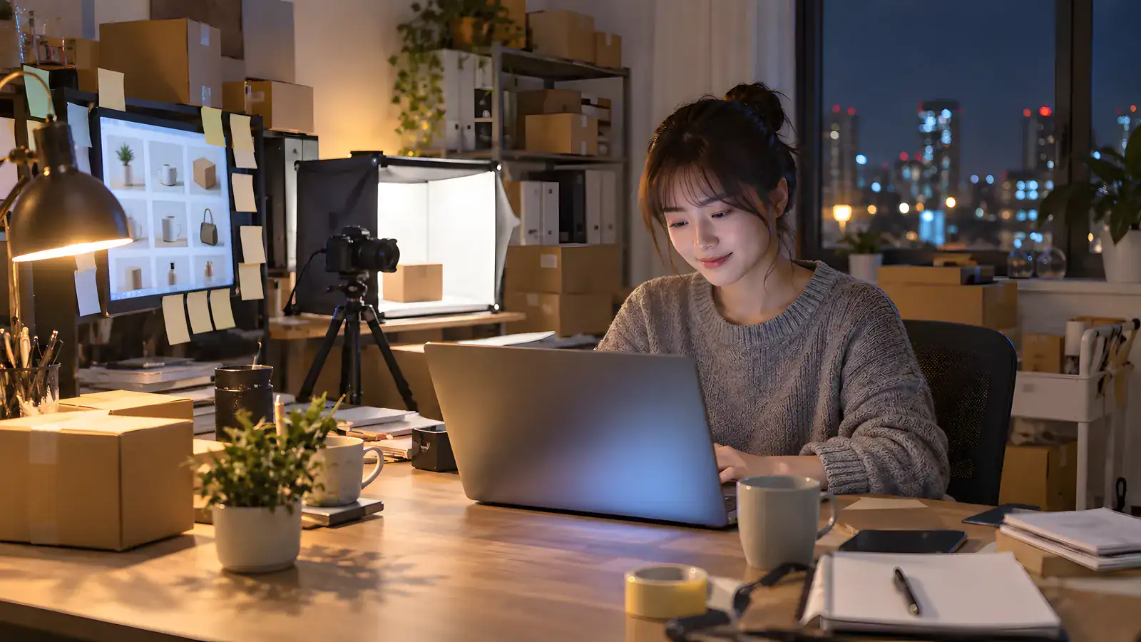片付いた机の前で、ほっとした表情で画面を見る EC ショップの店主