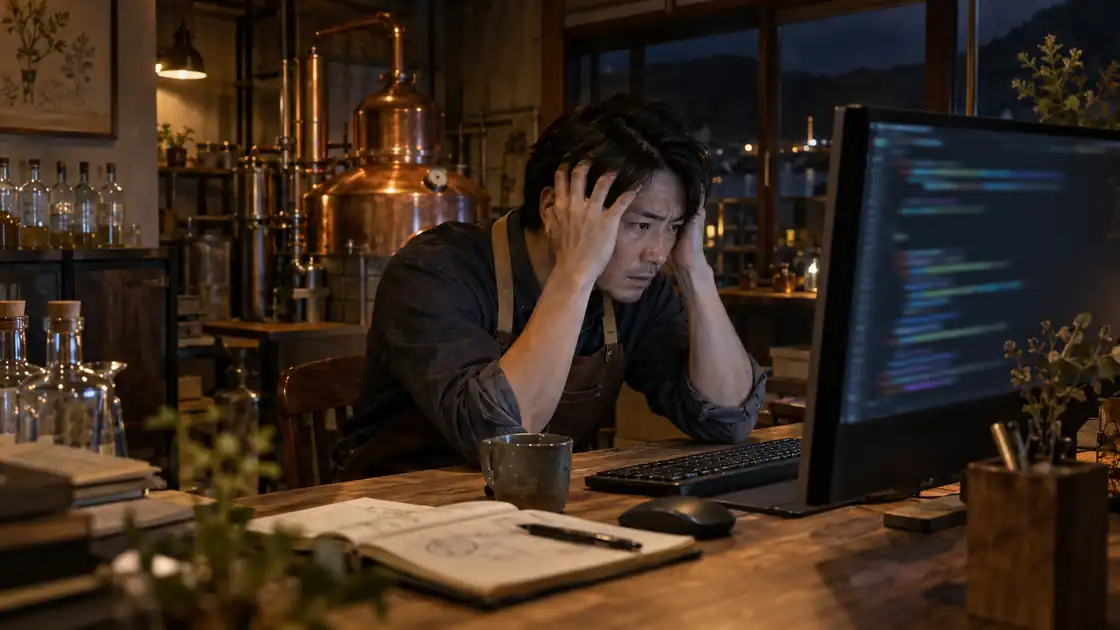 夜の蒸留所で、コードが並ぶ画面を前に頭を抱える店主