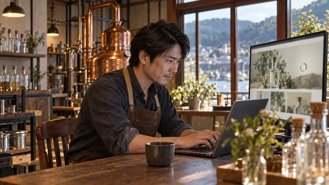 ノート PC でコメントを打ちながら、画面のページを直す店主