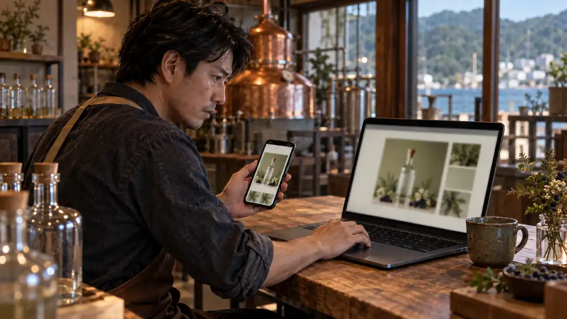 スマホとノート PC で、ページの見え方を確かめる店主