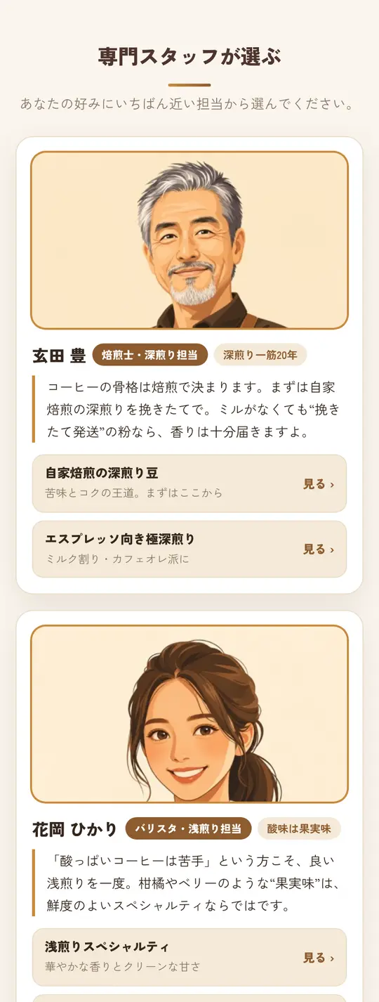 専門スタッフが選ぶコーヒーのページ。焙煎士とバリスタの似顔絵と、おすすめの一言が並ぶ