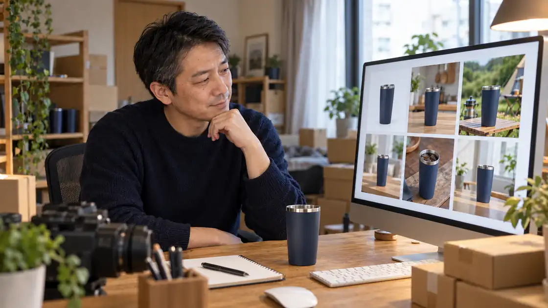 画面に並んだ商品画像を見比べる店主