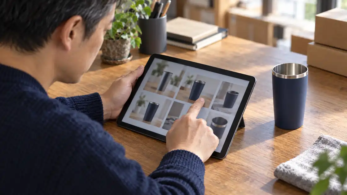 タブレットに並んだ画像から 1 枚を選ぶ店主の手元