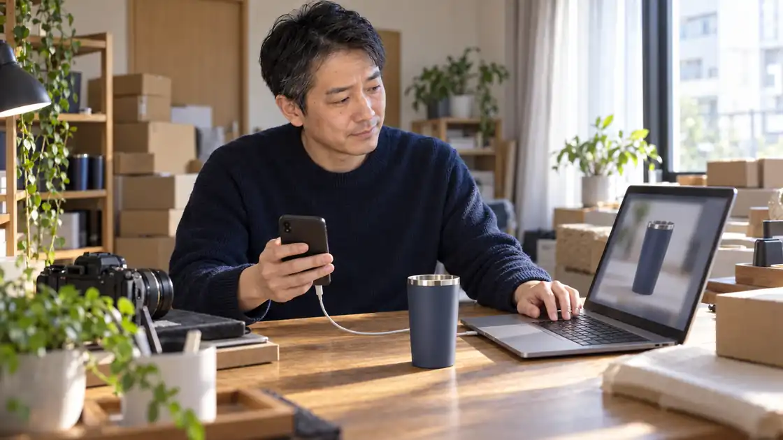 朝の作業場で、スマホの写真をノート PC に取り込む店主
