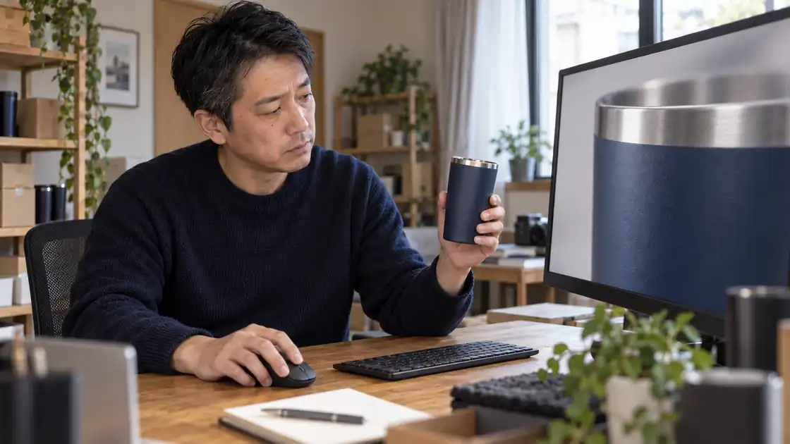 実物の商品と画面の画像を見比べて、色を確かめる店主
