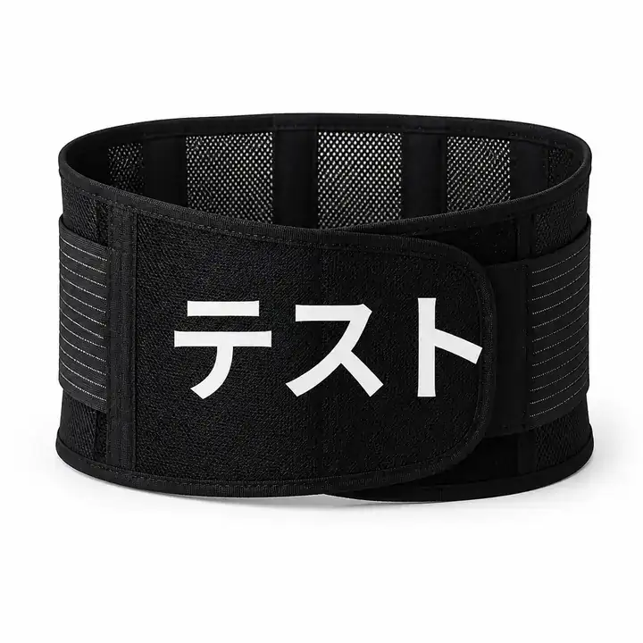 白い背景に置いた黒い腰サポートベルトの商品画像
