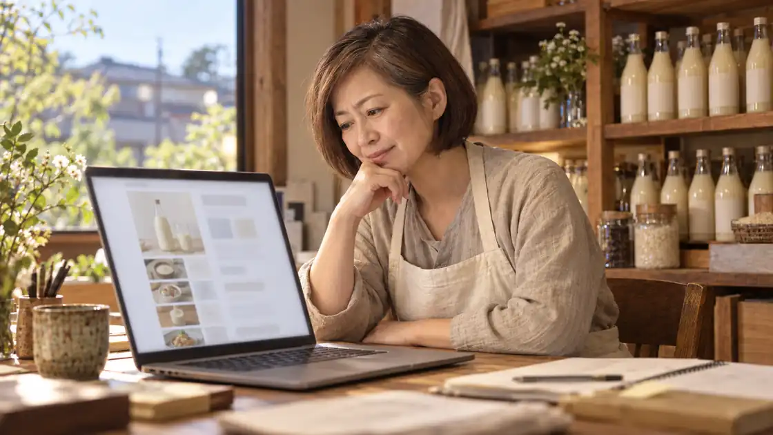 ノート PC に表示した長い商品ページを見ながら考える店主