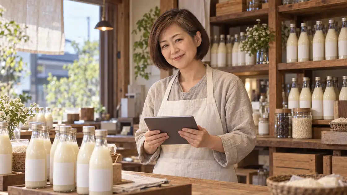 店内でタブレットを手に微笑む店主