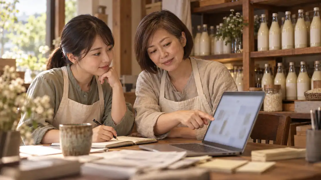 店主と若いスタッフが、画面を見ながら穏やかに相談している