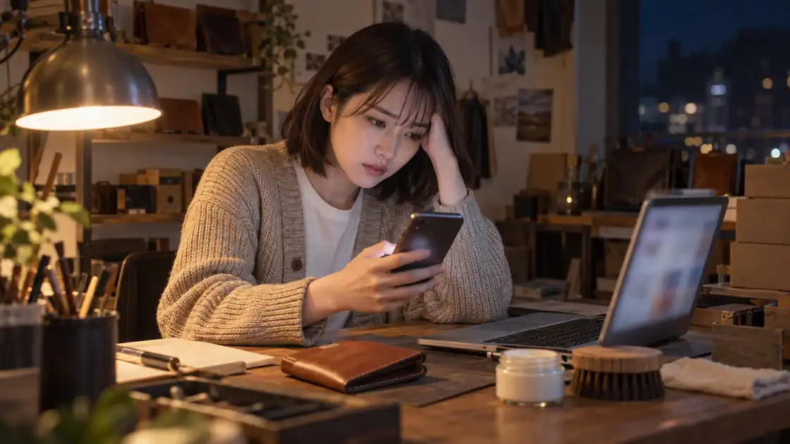 夜の作業場で、スマホの通知を前に疲れた表情の店主