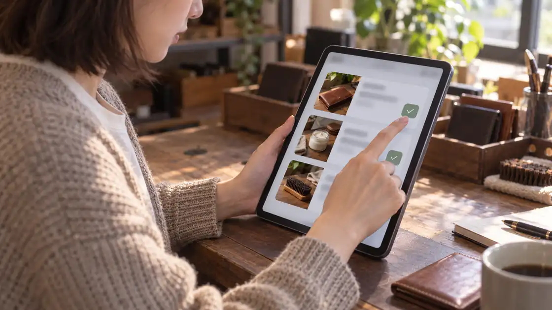 タブレットで投稿の案にチェックを付けて承認する手元