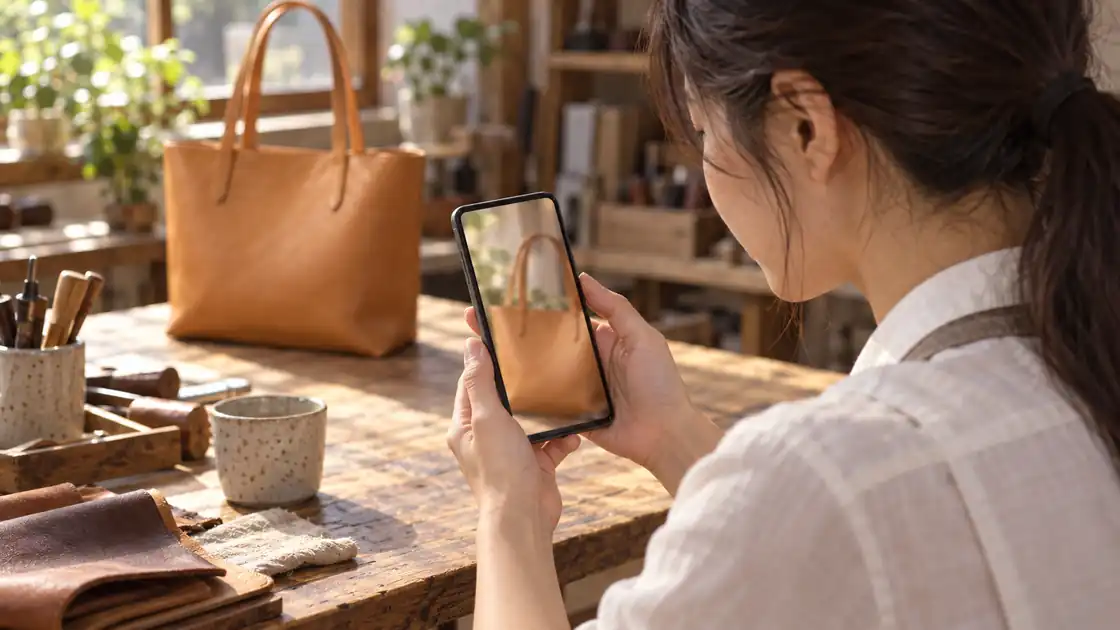 作業台で、スマホに映る縦型の商品動画を確かめる店主
