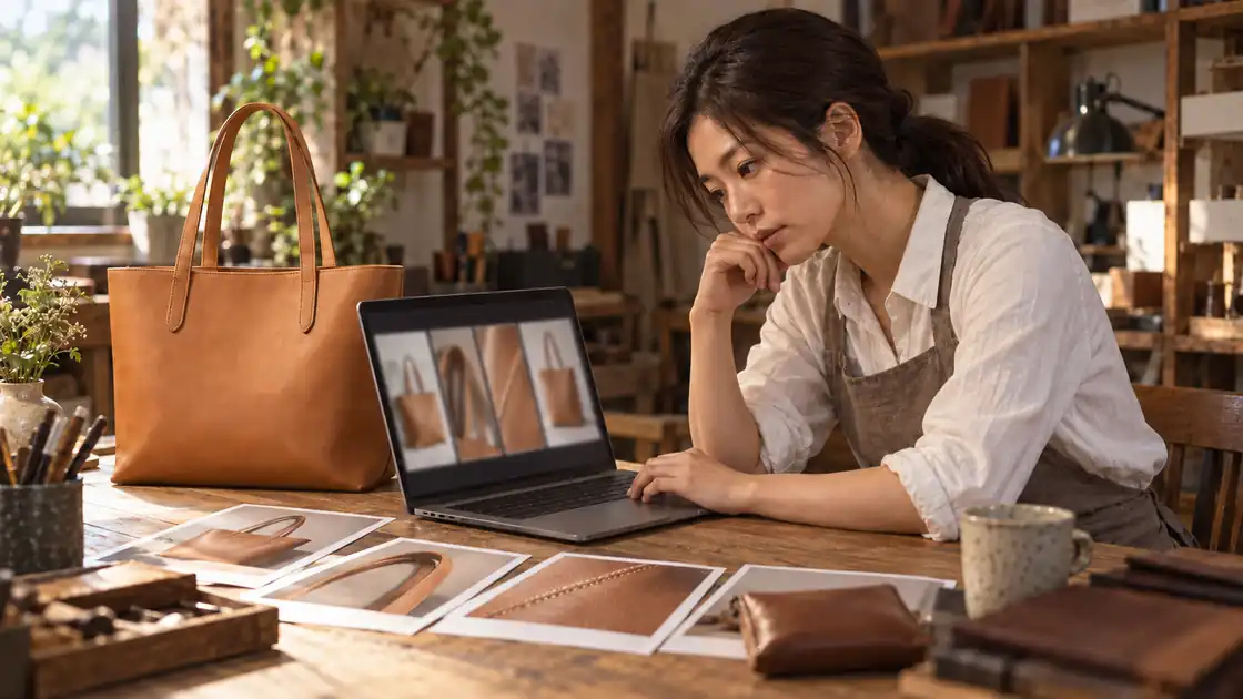 ノート PC に並んだ絵コンテを見ながら、構成を考える店主