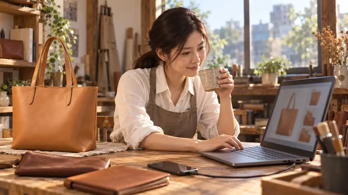 朝のコーヒーを手に、ノート PC で動画を作り始める店主